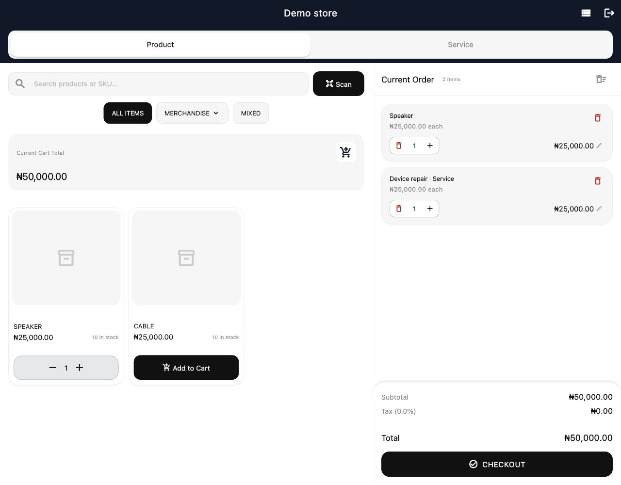 Stortrics checkout showing a Speaker and Device repair in one demo order