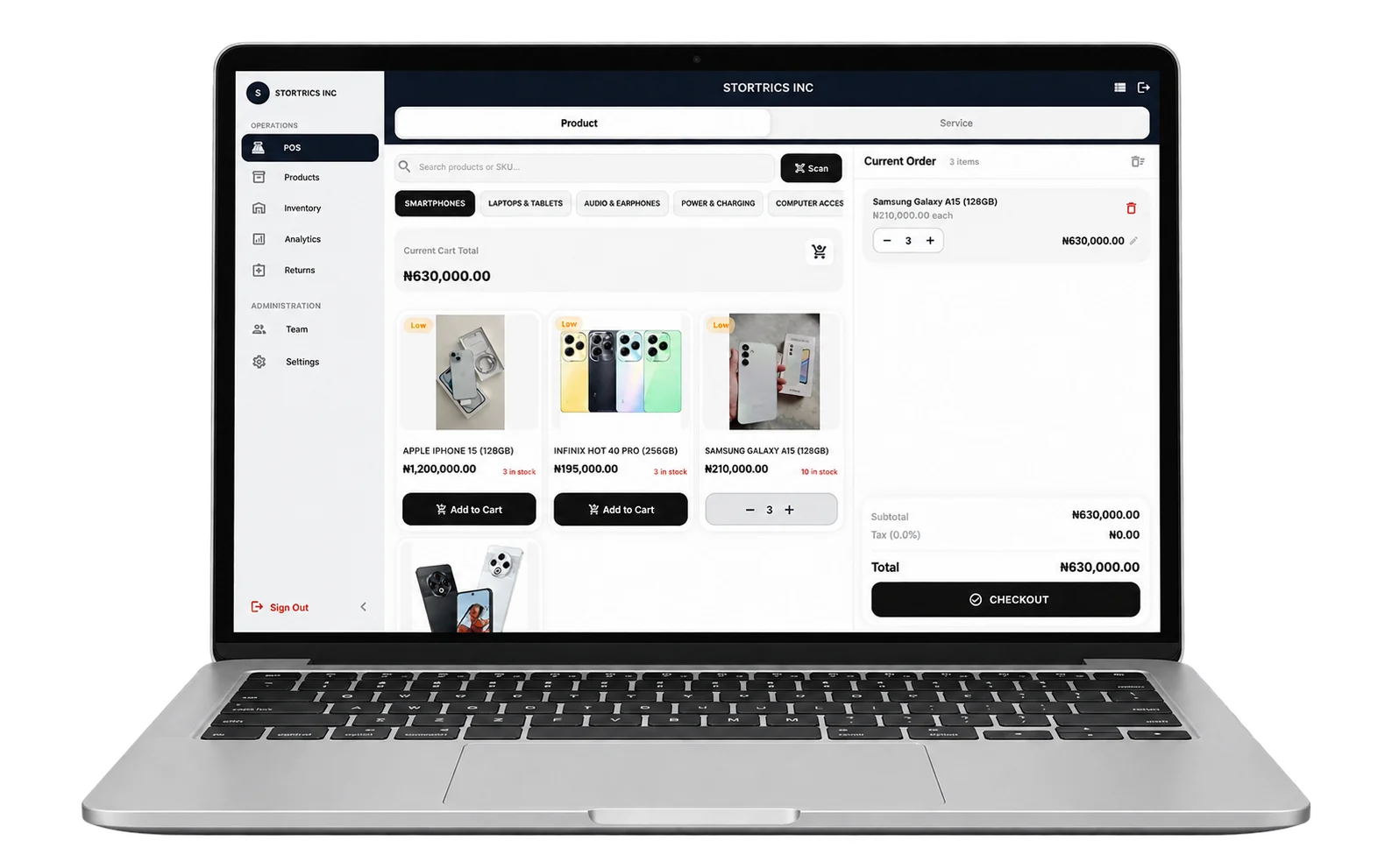 Stortrics checkout displayed on a laptop with products and a current order